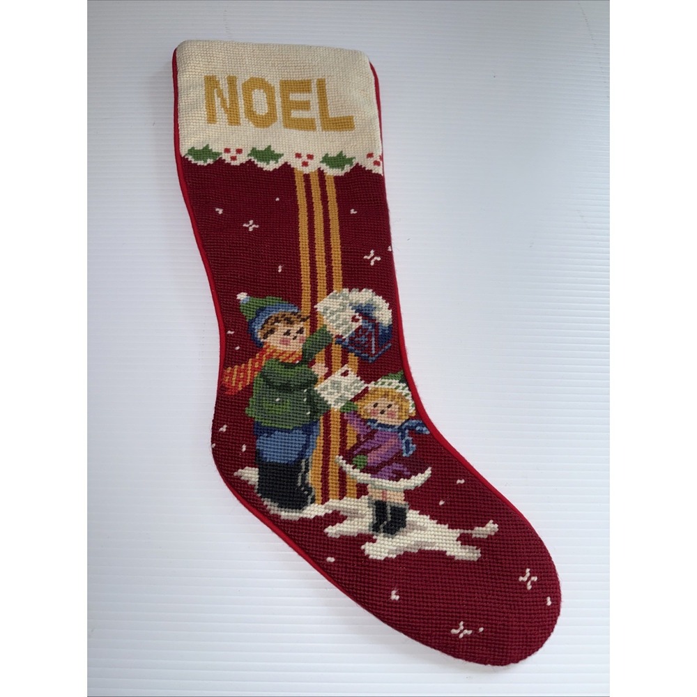 Vtg Wool Needlepoint Christmas stocking sock children Noel red white green 20"